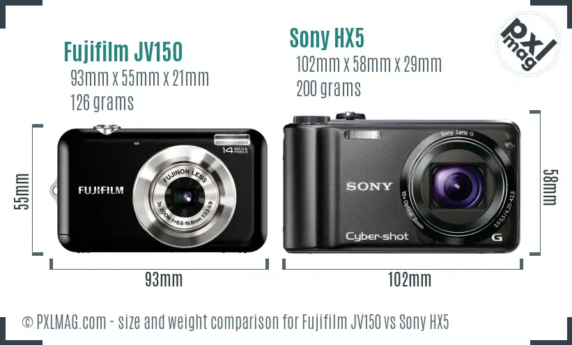Fujifilm JV150 vs Sony HX5 size comparison