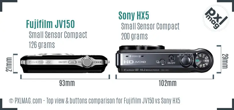 Fujifilm JV150 vs Sony HX5 top view buttons comparison
