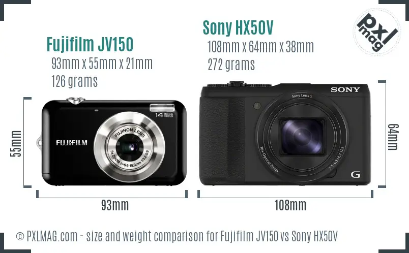 Fujifilm JV150 vs Sony HX50V size comparison