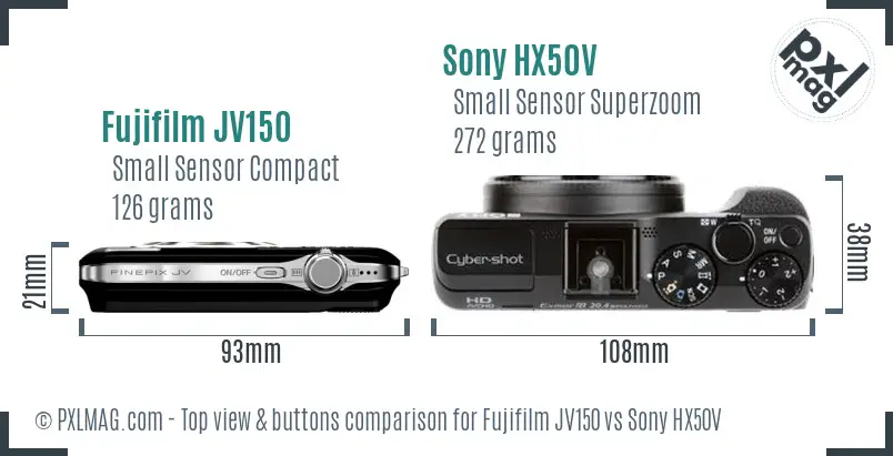 Fujifilm JV150 vs Sony HX50V top view buttons comparison