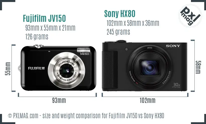 Fujifilm JV150 vs Sony HX80 size comparison