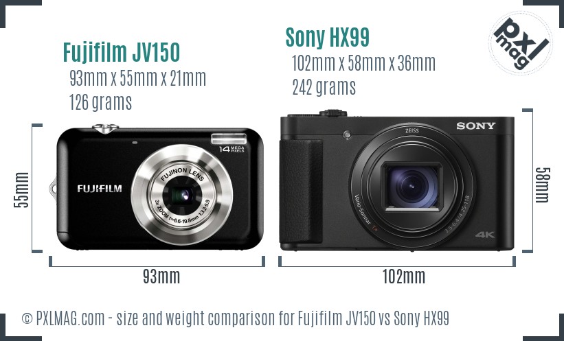 Fujifilm JV150 vs Sony HX99 size comparison