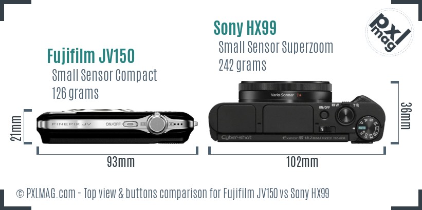 Fujifilm JV150 vs Sony HX99 top view buttons comparison