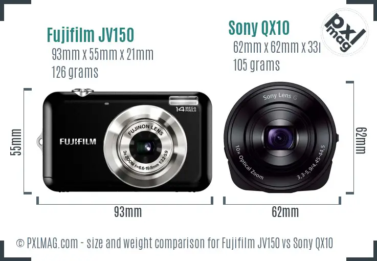 Fujifilm JV150 vs Sony QX10 size comparison