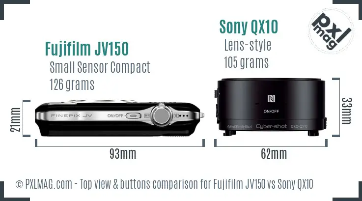 Fujifilm JV150 vs Sony QX10 top view buttons comparison