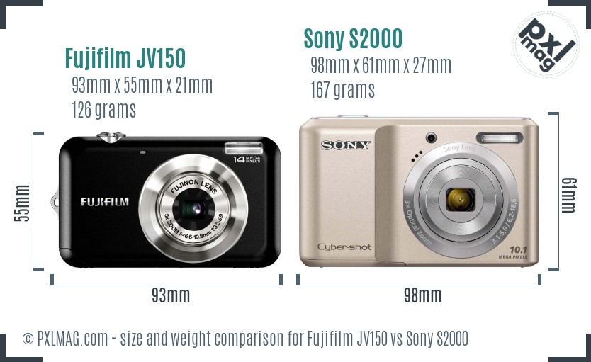 Fujifilm JV150 vs Sony S2000 size comparison