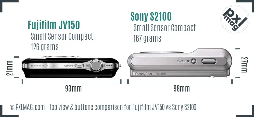 Fujifilm JV150 vs Sony S2100 top view buttons comparison Fujifilm JV150 vs Sony S2100 top view buttons comparison