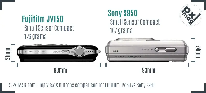Fujifilm JV150 vs Sony S950 top view buttons comparison Fujifilm JV150 vs Sony S950 top view buttons comparison