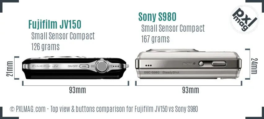Fujifilm JV150 vs Sony S980 top view buttons comparison Fujifilm JV150 vs Sony S980 top view buttons comparison