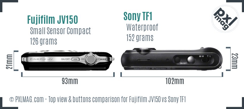 Fujifilm JV150 vs Sony TF1 top view buttons comparison