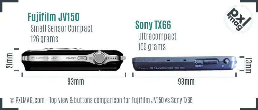 Fujifilm JV150 vs Sony TX66 top view buttons comparison