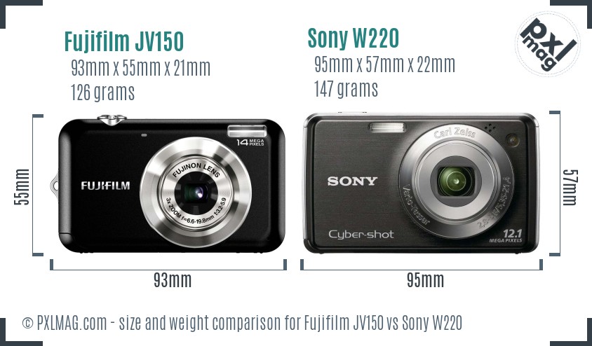 Fujifilm JV150 vs Sony W220 size comparison