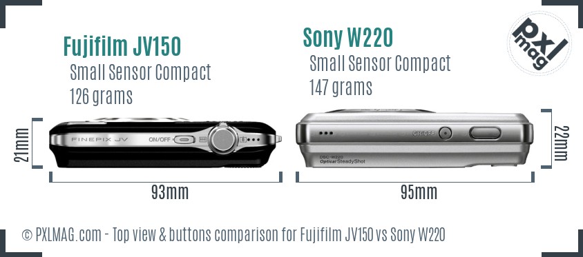 Fujifilm JV150 vs Sony W220 top view buttons comparison