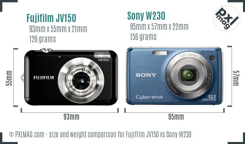 Fujifilm JV150 vs Sony W230 size comparison