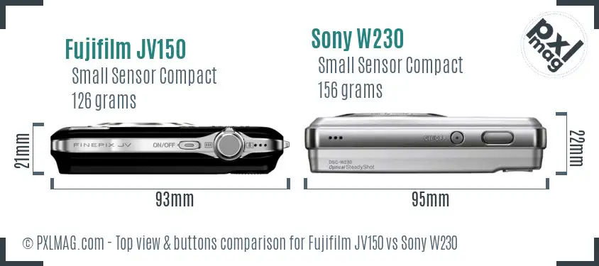 Fujifilm JV150 vs Sony W230 top view buttons comparison