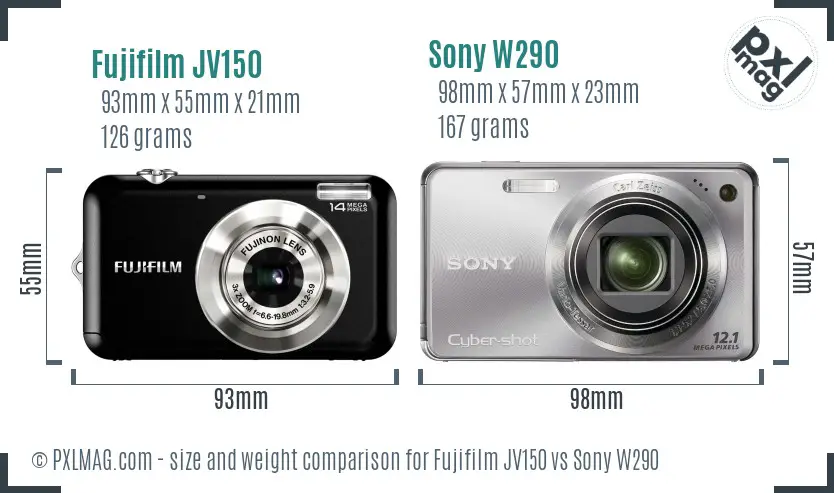 Fujifilm JV150 vs Sony W290 size comparison