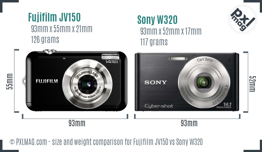 Fujifilm JV150 vs Sony W320 size comparison