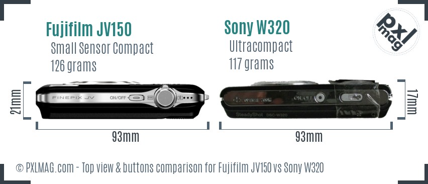 Fujifilm JV150 vs Sony W320 top view buttons comparison