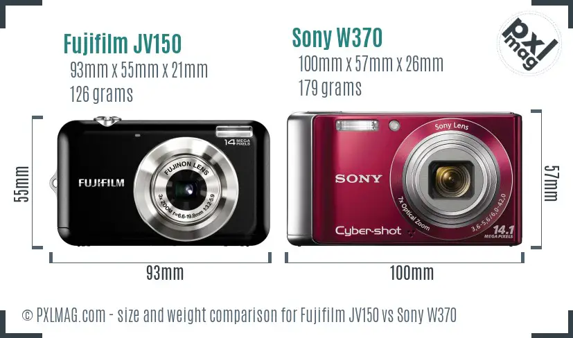 Fujifilm JV150 vs Sony W370 size comparison