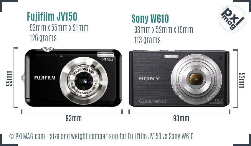 Fujifilm JV150 vs Sony W610 size comparison