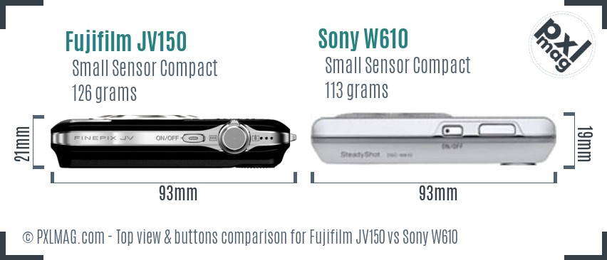 Fujifilm JV150 vs Sony W610 top view buttons comparison