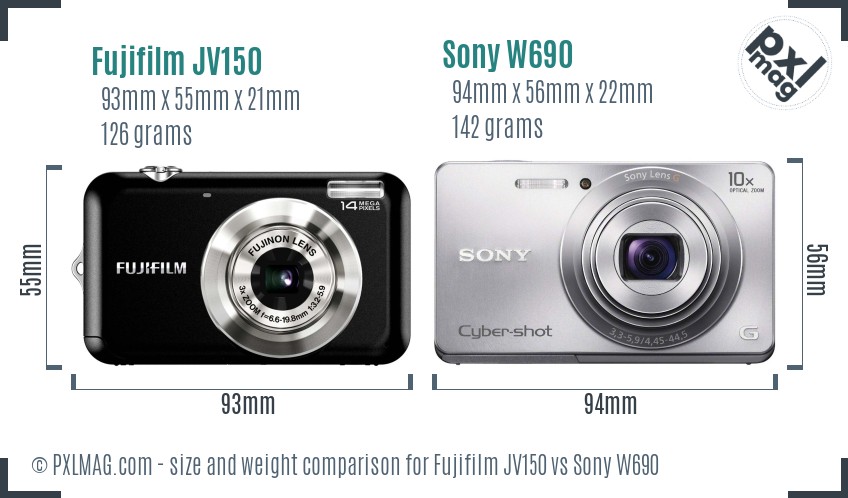Fujifilm JV150 vs Sony W690 size comparison