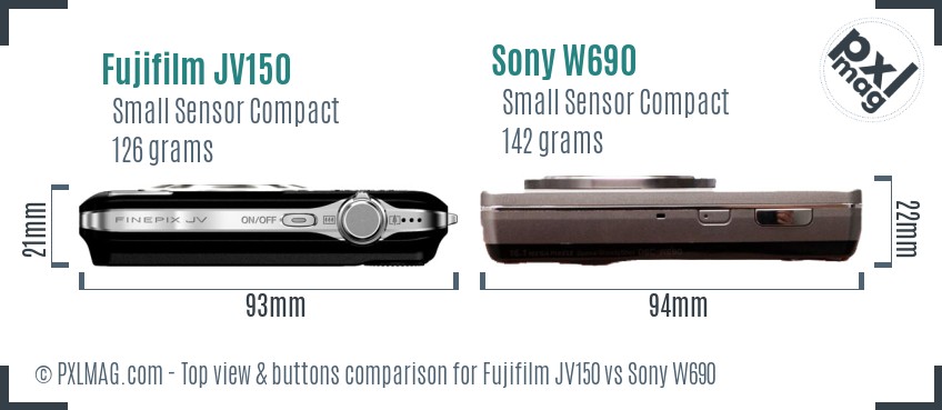 Fujifilm JV150 vs Sony W690 top view buttons comparison