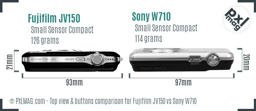 Fujifilm JV150 vs Sony W710 top view buttons comparison