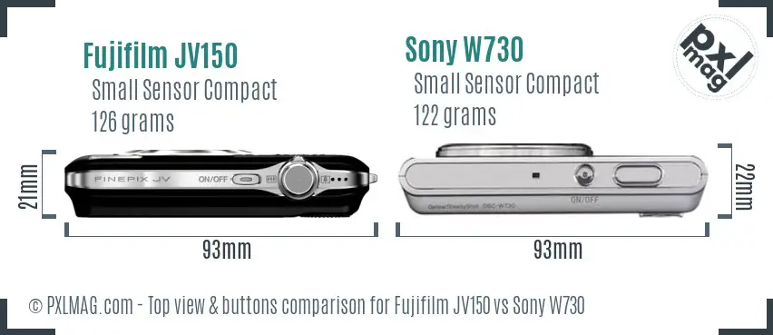 Fujifilm JV150 vs Sony W730 top view buttons comparison