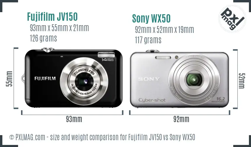 Fujifilm JV150 vs Sony WX50 size comparison