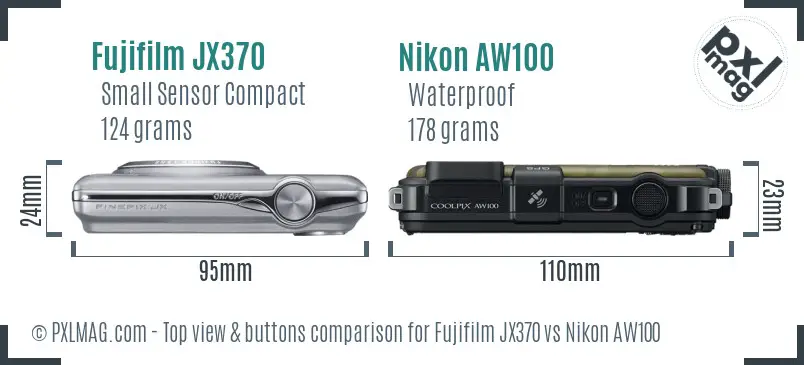 Fujifilm JX370 vs Nikon AW100 top view buttons comparison