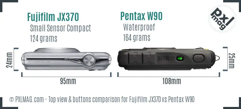 Fujifilm JX370 vs Pentax W90 top view buttons comparison