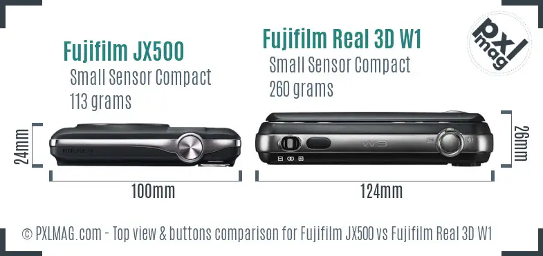 Fujifilm JX500 vs Fujifilm Real 3D W1 top view buttons comparison