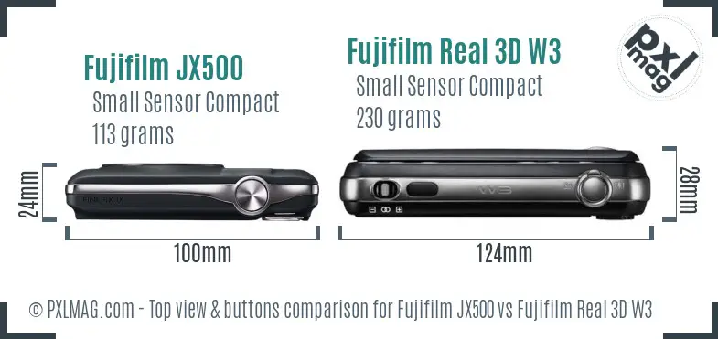 Fujifilm JX500 vs Fujifilm Real 3D W3 top view buttons comparison