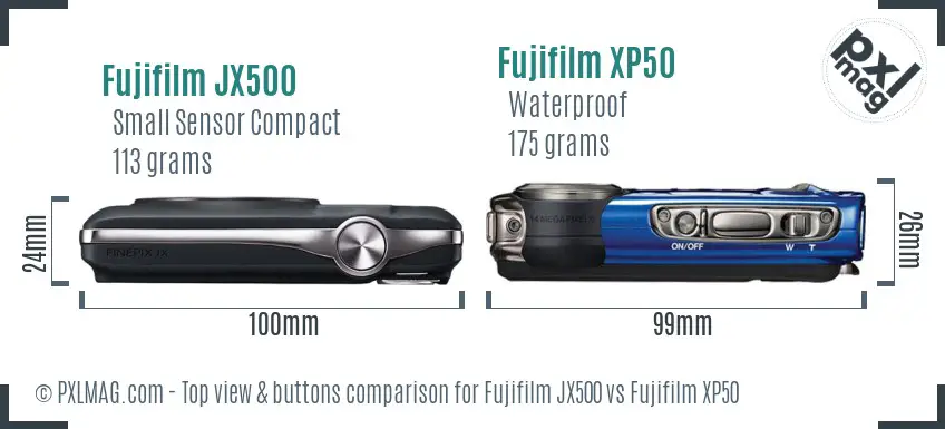 Fujifilm JX500 vs Fujifilm XP50 top view buttons comparison