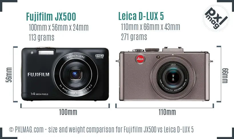 Fujifilm JX500 vs Leica D-LUX 5 size comparison