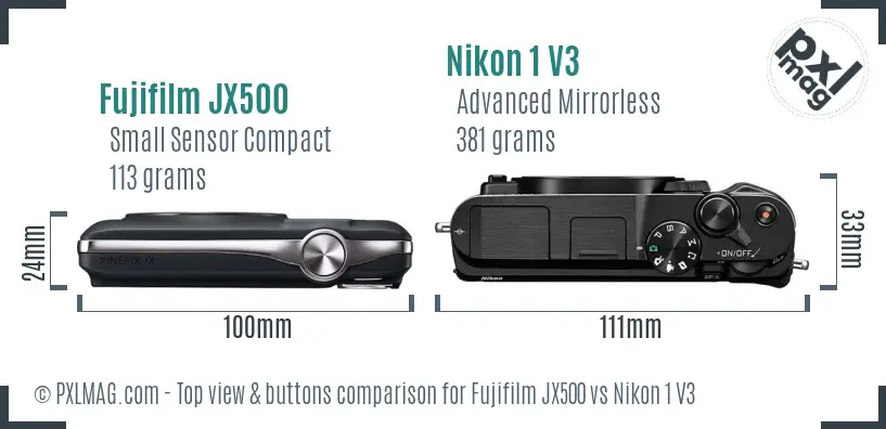 Fujifilm JX500 vs Nikon 1 V3 top view buttons comparison