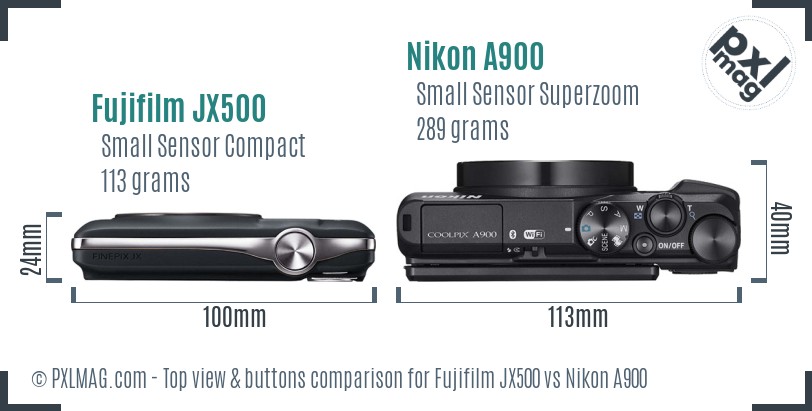Fujifilm JX500 vs Nikon A900 top view buttons comparison