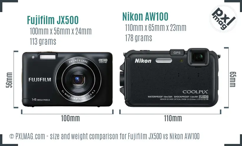 Fujifilm JX500 vs Nikon AW100 size comparison