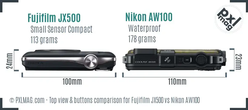 Fujifilm JX500 vs Nikon AW100 top view buttons comparison