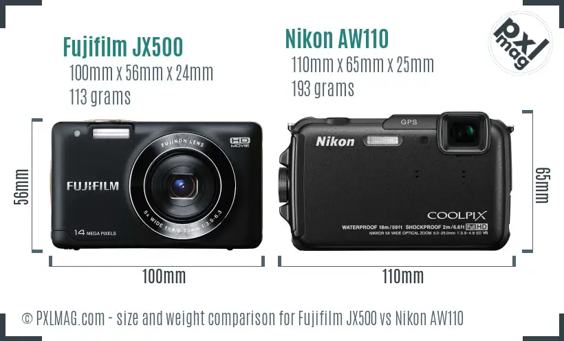 Fujifilm JX500 vs Nikon AW110 size comparison