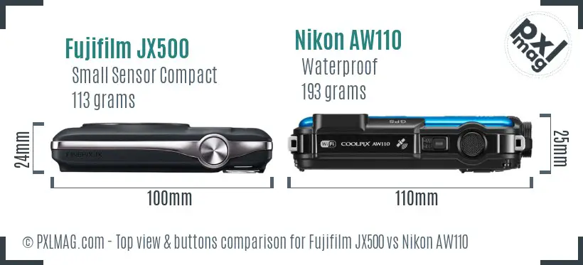 Fujifilm JX500 vs Nikon AW110 top view buttons comparison