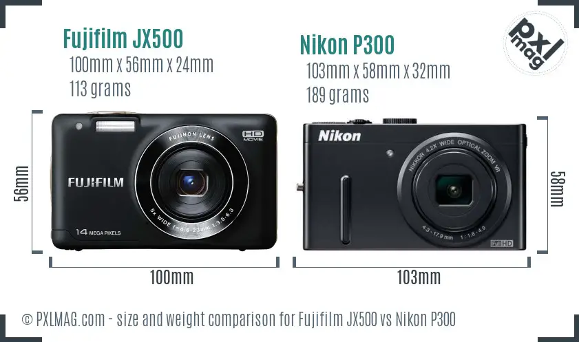 Fujifilm JX500 vs Nikon P300 size comparison