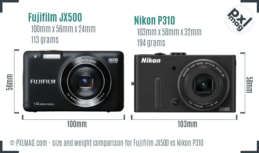 Fujifilm JX500 vs Nikon P310 size comparison