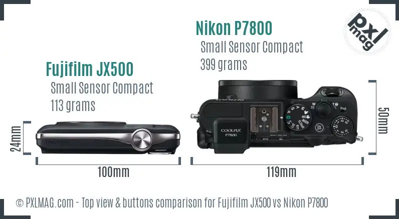 Fujifilm JX500 vs Nikon P7800 top view buttons comparison
