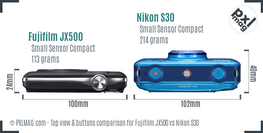 Fujifilm JX500 vs Nikon S30 top view buttons comparison
