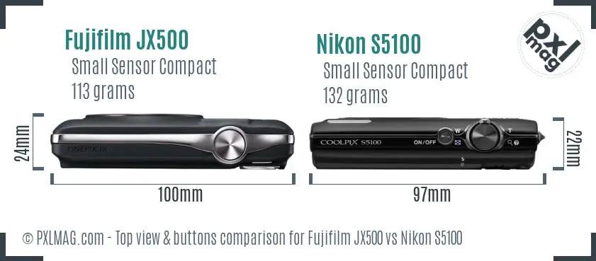 Fujifilm JX500 vs Nikon S5100 top view buttons comparison Fujifilm JX500 vs Nikon S5100 top view buttons comparison