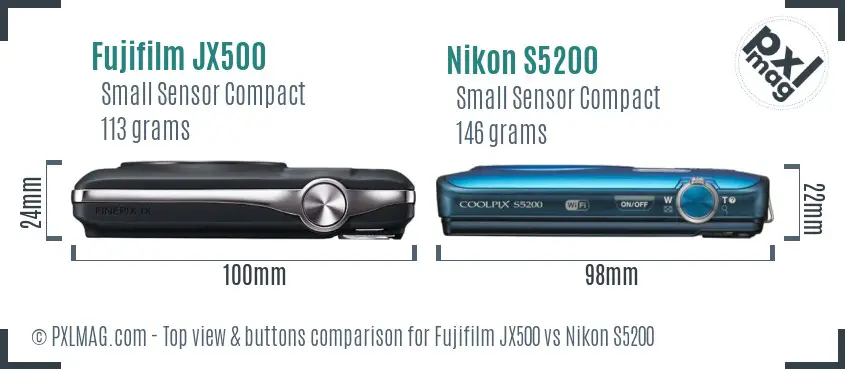 Fujifilm JX500 vs Nikon S5200 top view buttons comparison