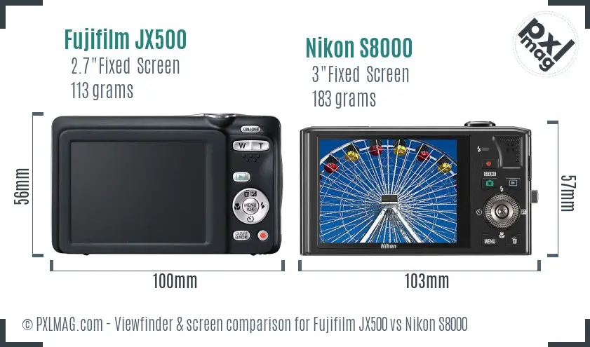 Fujifilm JX500 vs Nikon S8000 Screen and Viewfinder comparison