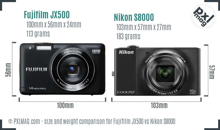 Fujifilm JX500 vs Nikon S8000 size comparison